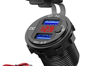 [إصدار مطور] Quick Charge 3.0 شاحن سيارة USB مزدوج 12 فولت ، مقبس ألومنيوم مع الفولتميتر الرقمي الأحمر ، منفذ سيارة مقاوم للماء مع زر تبديل الطاقة ، لعربة الجولف لشاحنة القوارب البحرية وغيرها