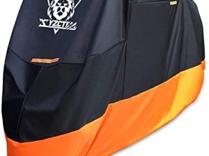 غطاء دراجة نارية XYZCTEM - حماية خارجية مقاومة للماء طوال الموسم - تناسب دقيق حتى 108 بوصة للدراجات الهوائية والمروحيات والطرادات - للحماية من الغبار والحطام والمطر والطقس (XXL ، أسود وبرتقالي)