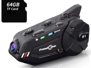 سماعة رأس بلوتوث للدراجات النارية مزودة بكاميرا 1080P ، كاميرا FreedConn R1 Plus للدراجات النارية مع مستشعر G ، سماعة رأس مزودة بتقنية البلوتوث 6 اتجاهات 1000M مع 1500mAh / FM / Bluetooth 5.0 / 64G TF Card / 2 in 1 Mic / IP65