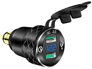 DaierTek DIN Hella Plug to Dual USB Charger Adapter for BMW Triumph Tiger Ducati Motorcycle Quick Charge QC 3.0 Powerlet مقاوم للماء مع مقياس الفولتميتر LED الأزرق