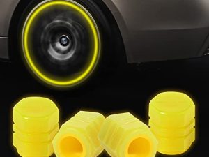 VARGTR 4 قطع أغطية جذعية لصمام الإطارات ، أغطية جذعية لصمام الإطارات الخفيفة ، أغطية ضغط إطار السيارة الفلورية العالمية تتوهج في الليل ، مناسبة لمعظم السيارات والدراجات النارية وسيارات الدفع الرباعي والشاحنات (أصفر)