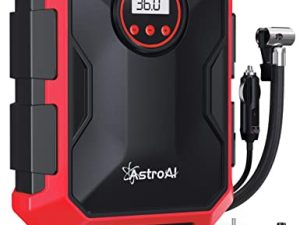 منفاخ إطارات AstroAI ضاغط هواء محمول 12 فولت تيار مستمر ضاغط هواء محمول ملحقات السيارة مضخة إطارات السيارات 100PSI مع ضوء LED مضخة هواء رقمية لإطارات السيارة دراجات أخرى قابلة للنفخ أحمر