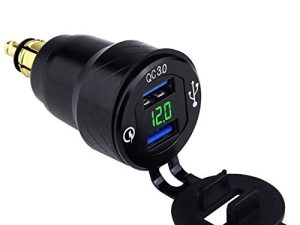 Cllena DIN Hella Plug to Dual Quick Charge 3.0 USB Charger Adapter with LED Voltmeter for BMW Motorcycle (Green)