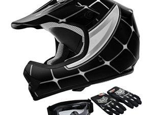 TCT-MOTORPARTS DOT Youth ATV Helmets w / Goggles + Gloves Kids Motocross Offroad Street Dirt Bike Helmet + Gloves + Goggles أسود العنكبوت صغير
