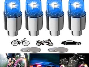 YUERR 4 قطع LED أضواء عجلة الدراجة سيارة إطار صمام جذوع قبعات دراجة نارية مقاومة للماء الإطارات وتحدث أضواء وامضة اكسسوارات عاكسة رائعة للأطفال الرجال والنساء (أزرق)