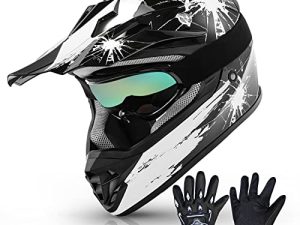 TCT-MT DOT Youth Kids ATV Motocross Offroad Street Helmet Full Face Motorcycle Off-Road ATV Helmet Dirt Bike Motocross Helmet + Gloves + Goggles- أسود مع ألعاب نارية سوداء