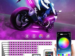 طقم إضاءة LED للدراجات النارية 8 قطع ، أضواء شريط LED للدراجات النارية RGB مع وضع الموسيقى ، ضوء الفرامل متعدد الألوان ووظيفة حماية الصمامات ، مصابيح إضاءة تحتية للدراجات النارية مقاومة للماء