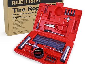 مجموعة أدوات إصلاح الإطارات الثقيلة من AWELCRAFT - 57 قطعة مجموعة صندوق أدوات الشاحنة للدراجات النارية ، السيارة ، ATV ، الجيب ، الشاحنة ، مجموعة أدوات توصيل الإطارات المسطحة للجرار