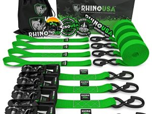 RHINO USA طقم ربط أحزمة السقاطة ، 5،208 قوة كسر - تتضمن (4) مشابك ربط متينة مع مقابض مبطنة وخطافات مطلية بالكرومولي S + (4) حلقات ربط حلقي ناعمة