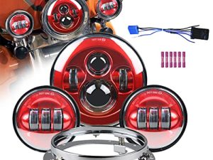 مصباح أمامي LED للدراجة النارية من أكمتيس باللون الأحمر مقاس 7 بوصات للطريق كينج ، الطريق الانزلاق ، الإنزلاق في الشوارع وإليكترا جلايد ، ألترا ليمتد مع 4-1 / 2 مصابيح LED للضباب وحلقة تثبيت القوس
