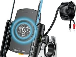 حامل هاتف للدراجات النارية من Kewig مزود بشاحن مزدوج لاسلكي بقوة 15 وات ومنفذ USB C بقوة 20 وات ، وحامل هاتف للدراجة النارية مضاد للاهتزاز مع قاعدة تثبيت لمقود من سبائك الألومنيوم مناسبة للهواتف المحمولة مقاس 4 بوصات - 7.9 بوصات