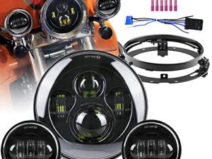 مصباح أمامي LED للدراجات النارية مقاس 7 بوصات متوافق مع دراجة نارية Road King ، Road Glide ، Street Glide و Electra Glide ، Ultra Limited مع 4-1 / 2 LED Passing Lamps Fog Lights and Brack Mounting Ring (أسود)