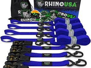 أشرطة ربط سقاطة من RHINO USA (4PK) - 1،823 رطلًا مضمونًا لأقصى قوة للكسر ، بما في ذلك (4) أربطة رباط ممتازة 1 بوصة × 15 قدمًا مع مقابض مبطنة. أفضل لنقل وتأمين البضائع (حزم 4 زرقاء)