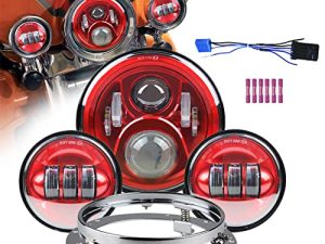 جهاز عرض كشاف أمامي LED للدراجات النارية مقاس 7 بوصات متوافق مع دراجة نارية Road King ، مع مصابيح تمرير LED مقاس 4.5 بوصة ومصابيح ضباب + حلقة تثبيت قوس (أحمر) ...