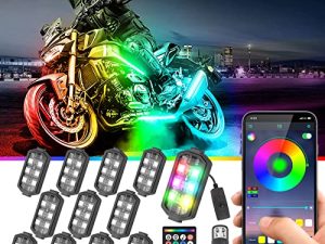 Chipcolor 12 قطعة من مجموعة مصابيح LED للدراجات النارية ، APP / RF التحكم MagicRGB للدراجات النارية أضواء LED 16 مليون لون ضوء الفرامل وضع الموسيقى ضوء وضع المطاردة IP65 أضواء دراجة نارية مقاومة للماء مع مفتاح الطاقة
