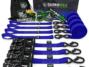 RHINO USA طقم ربط أحزمة السقاطة ، 5،208 قوة كسر - تتضمن (4) مشابك ربط متينة مع مقابض مبطنة وخطافات مطلية بالكرومولي S + (4) حلقات ربط حلقي ناعمة