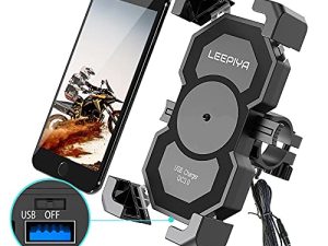 حامل هاتف محمول للدراجات النارية من leepiya مزود بشاحن USB سريع 3.0 مثبت على مقود 2-3 سم أو مرآة الرؤية الخلفية سريع الشحن للهواتف المحمولة مقاس 4-7 بوصة