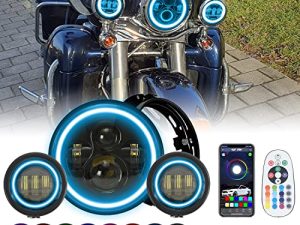 SUNPIE متوافق مع دراجات H_arley Motorcycles 7 بوصة RGBW Halo LED مصباح أمامي أسود + 4-1 / 2 inch RGBW Fog Lights مع حامل تثبيت مقاوم للماء تطبيق تحكم عن بعد ألوان مخصصة وضع الصوت / الموسيقى