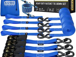 أشرطة ربط سقاطة من AUGO –4 PK– 15 FT - 2،200 LB Break Strength - خطافات S قفل الأمان - لنقل البضائع ، والأجهزة ، ومعدات الحديقة ، والدراجات النارية - تتضمن 2 حبال بنجي ، 4 حلقات ناعمة ، حقيبة تخزين