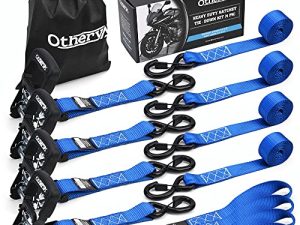 أربطة ربط سقاطة بحزام سفلي من Otherya - 1.5 بوصة × 8 قدم 4500 رطل قوة كسر - أحزمة شحن لتأمين معدات حديقة الدراجات النارية والكاياك والشاحنة والمقطورة والقارب - تتضمن 4 حلقات ناعمة (أزرق)